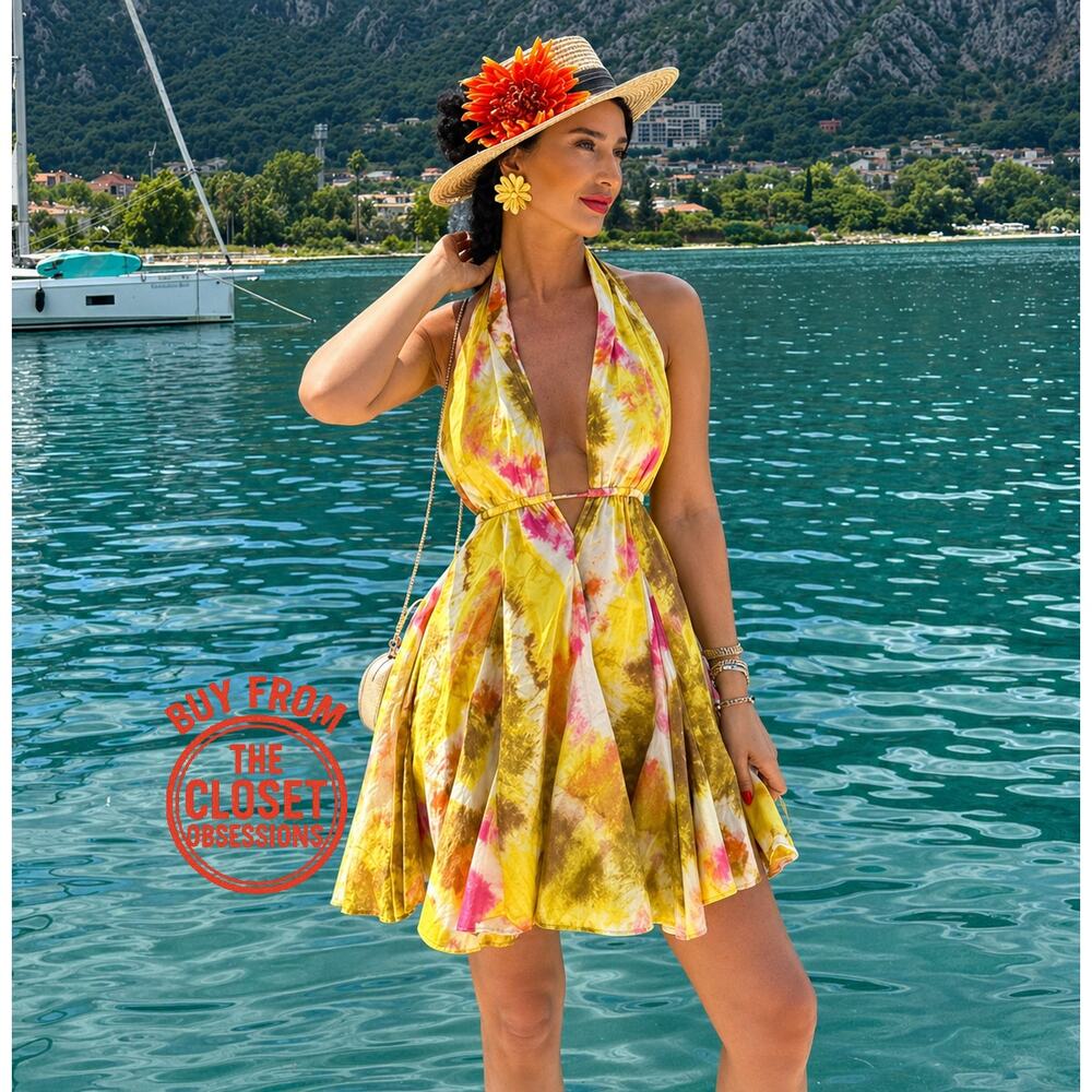 ZARA Yellow Floral Halter Mini Dress Open Back Resort Vacation Sundress NWT - Picture 8 of 16